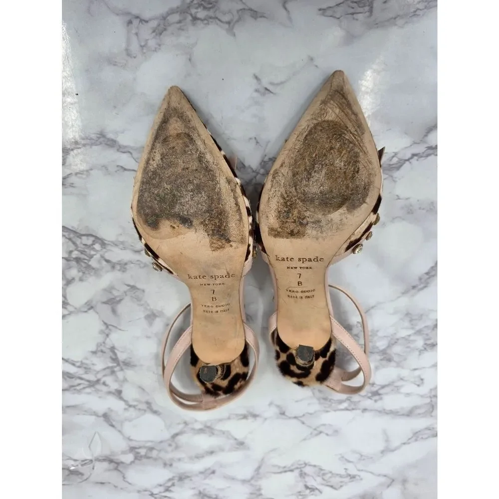 Kate Spade Lydia Calf Hair Leopard Print Rhinestone Studded T-Strap Pumps Heels